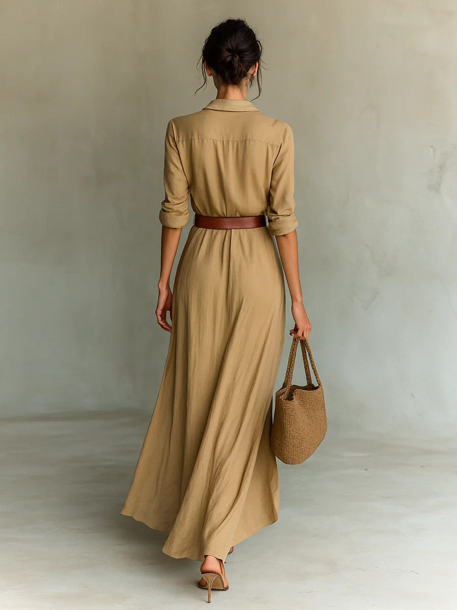 Women's Woven Maxi Dress with Button Front and Waist Tie