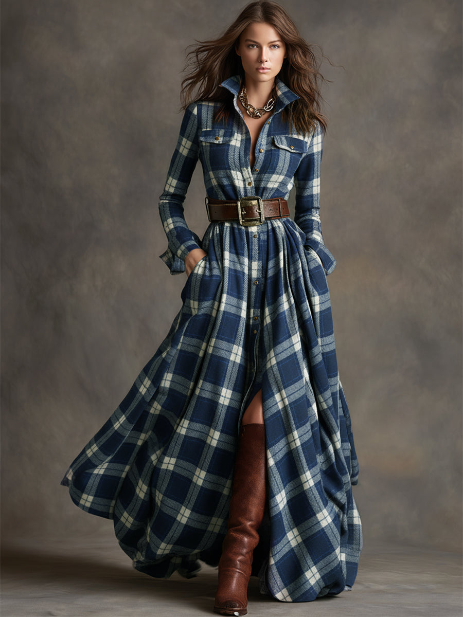 Women's Woven Maxi Dress with Button Placket and Belt Loops