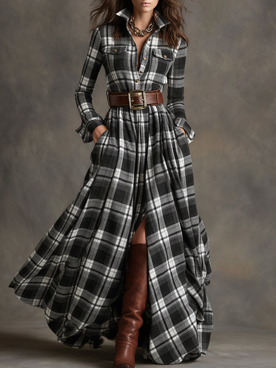 Women's Woven Maxi Dress with Button Placket and Belt Loops
