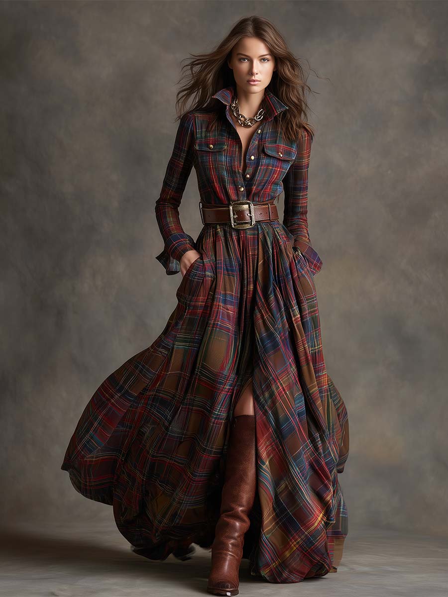 Women's Woven Maxi Dress with Button Placket and Belt Loops
