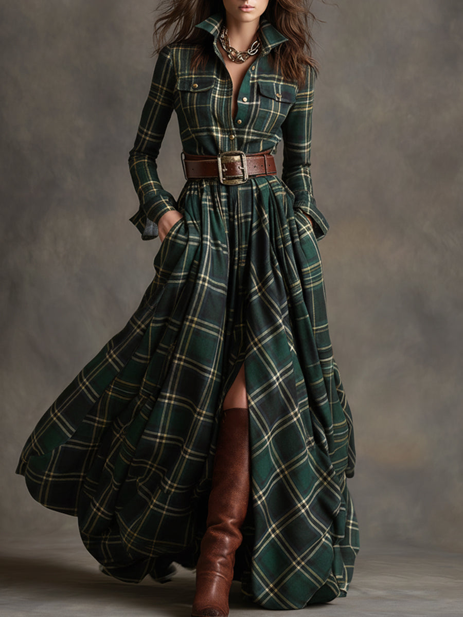 Women's Woven Maxi Dress with Button Placket and Belt Loops