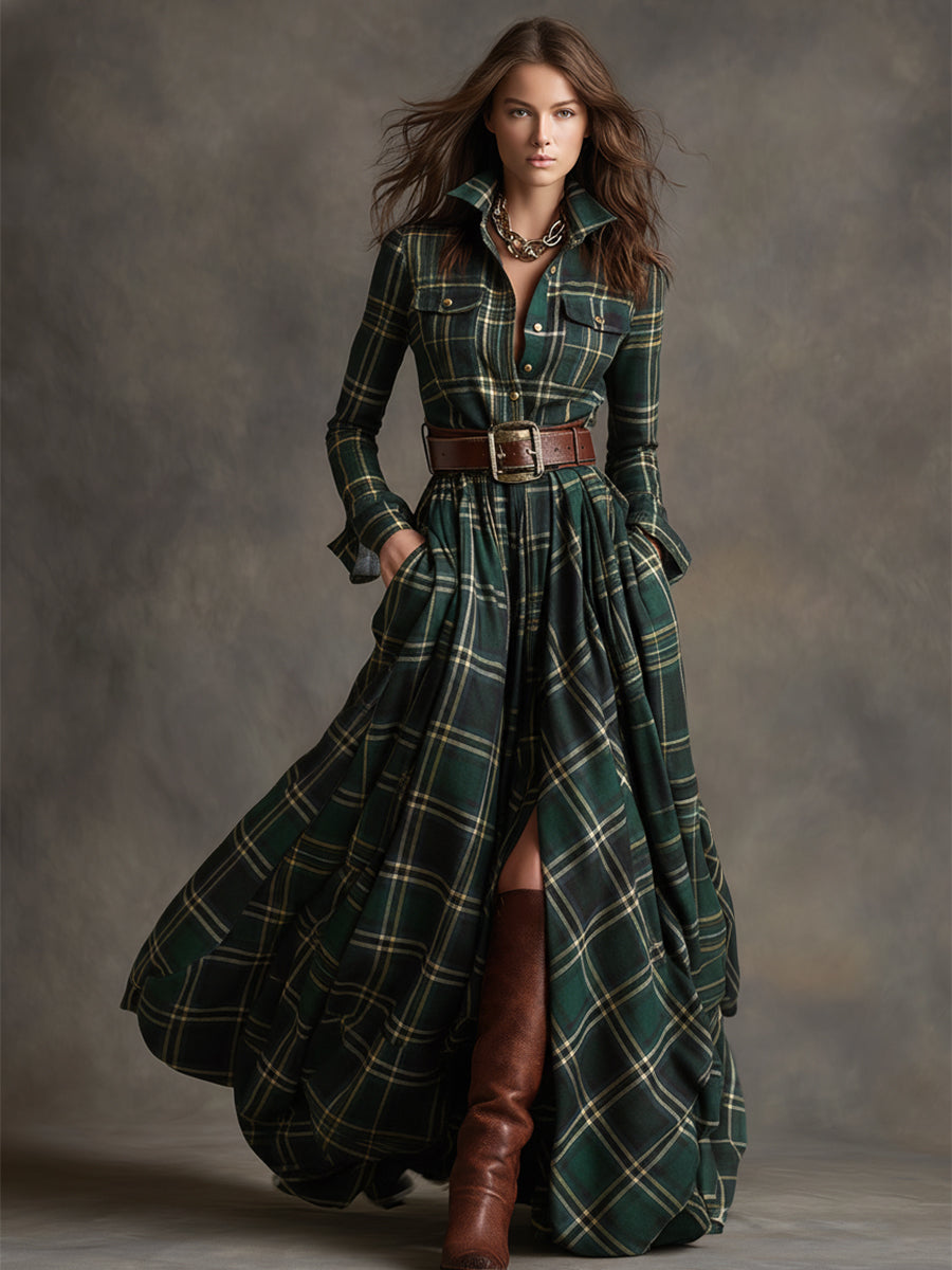 Women's Woven Maxi Dress with Button Placket and Belt Loops