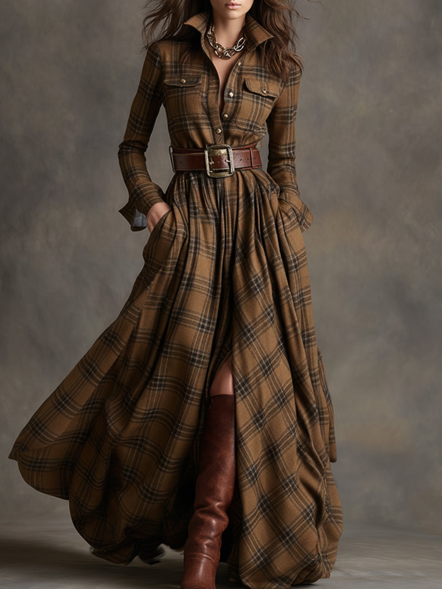 Women's Woven Maxi Dress with Button Placket and Belt Loops
