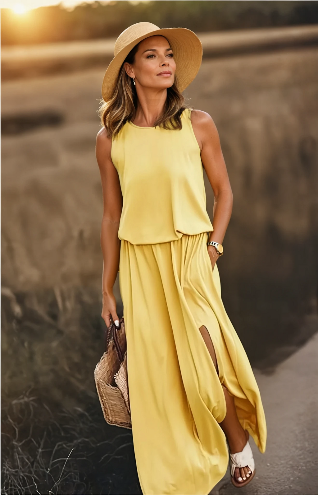 Women's Woven Maxi Dress with Crew Neck and Side Slit