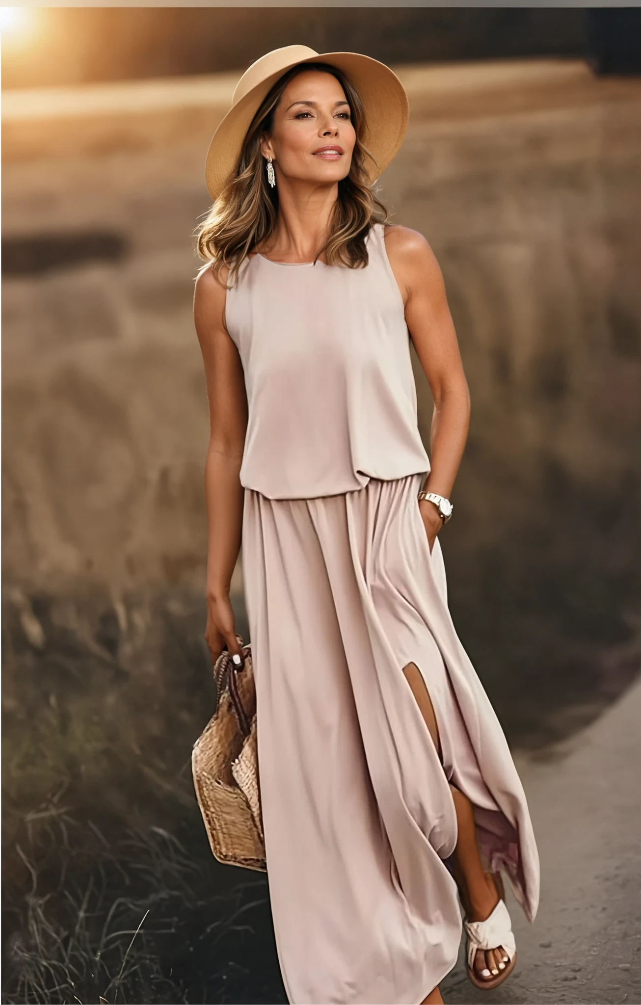 Women's Woven Maxi Dress with Crew Neck and Side Slit