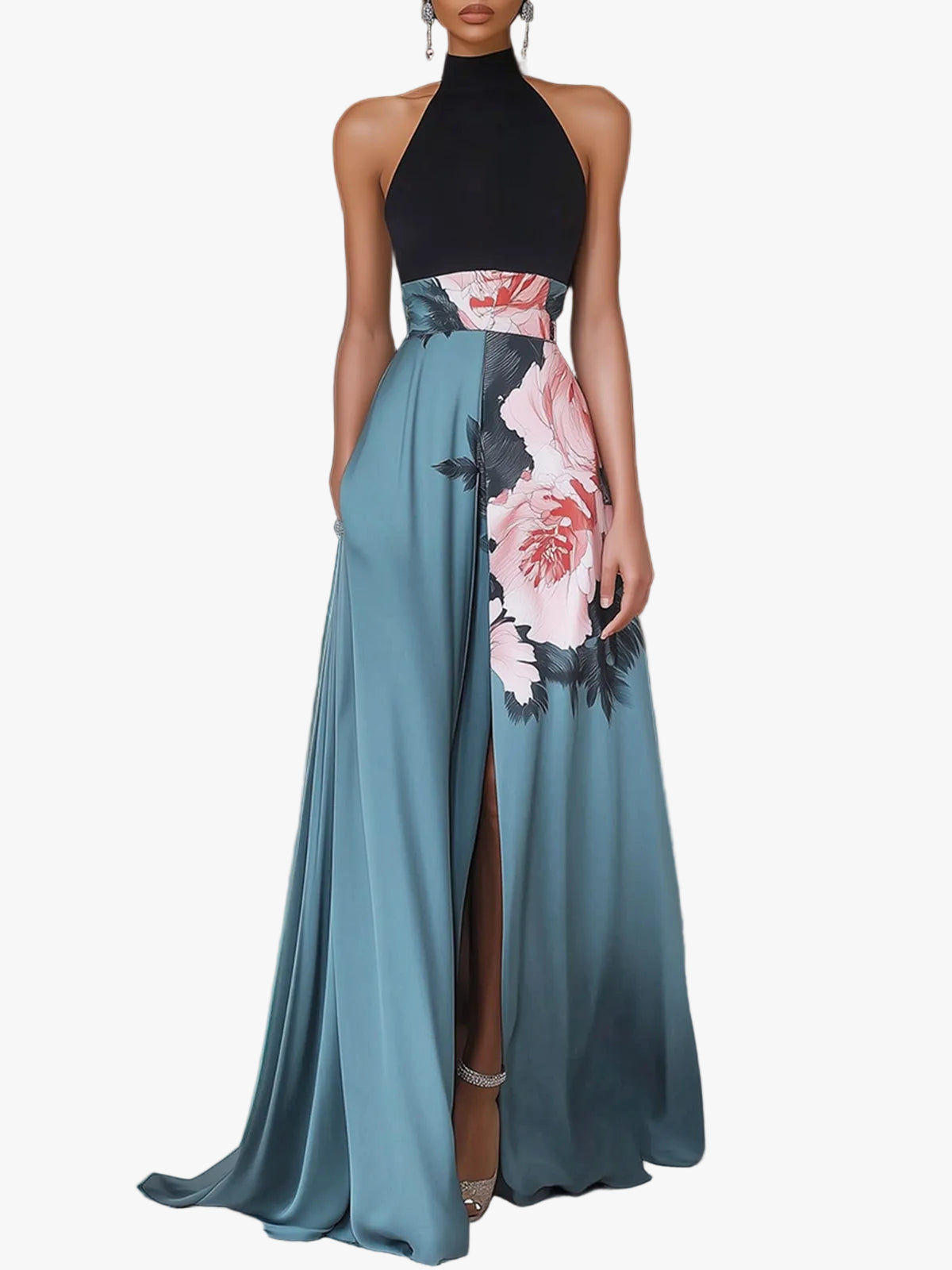 Women's Woven Maxi Dress with Halter Neck and Side Slit