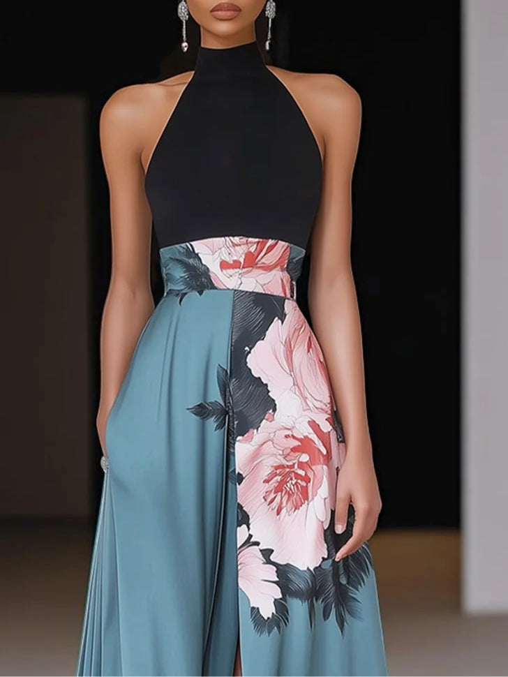 Women's Woven Maxi Dress with Halter Neck and Side Slit
