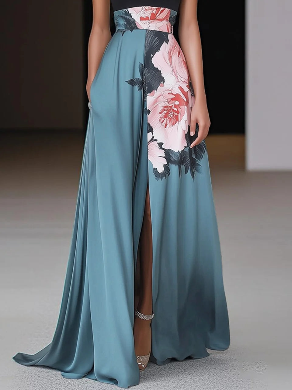 Women's Woven Maxi Dress with Halter Neck and Side Slit