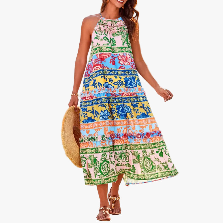 Women's Woven Maxi Dress with Halter Neck and Tiered Skirt