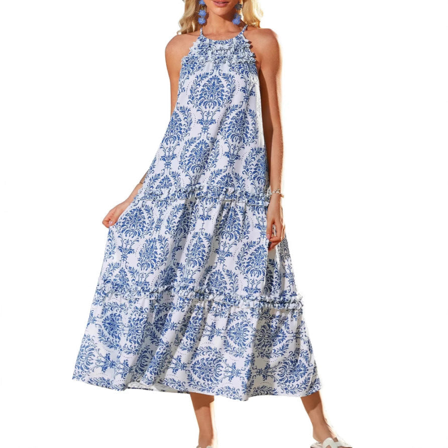 Women's Woven Maxi Dress with Halter Neck and Tiered Skirt