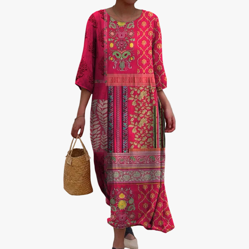 Women's Woven Maxi Dress with Mixed Print and Round Neck