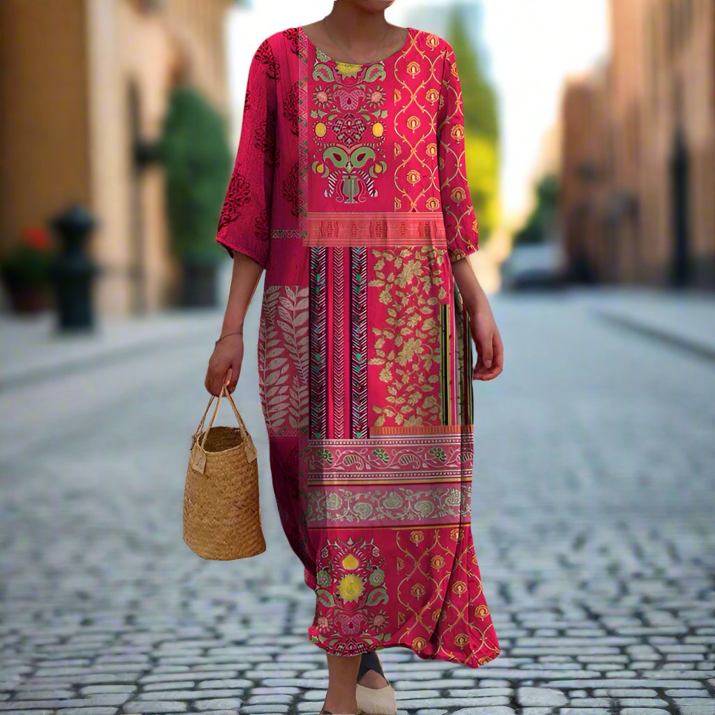Women's Woven Maxi Dress with Mixed Print and Round Neck