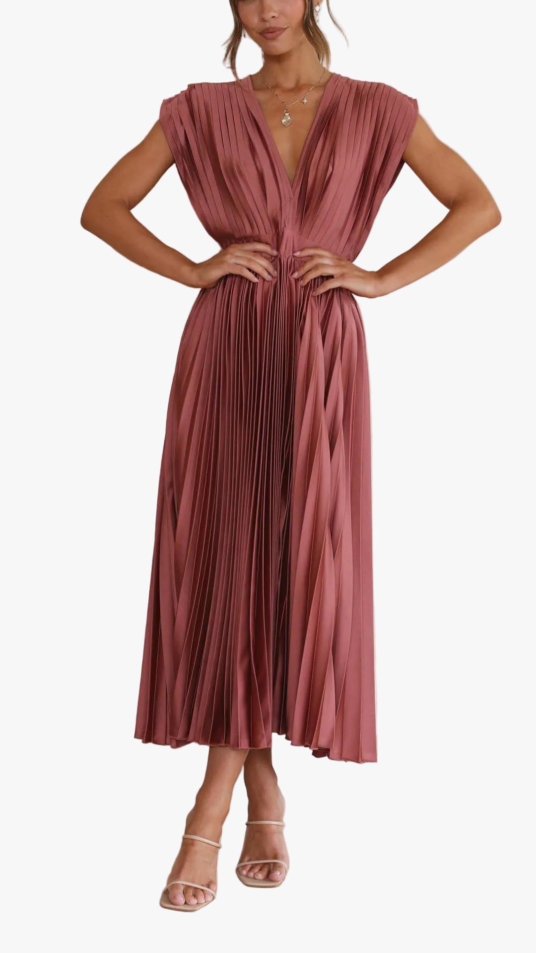 Women's Woven Maxi Dress with Pleated Skirt and Back Tie