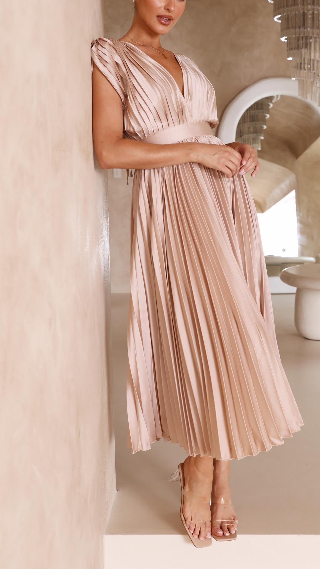 Women's Woven Maxi Dress with Pleated Skirt and Back Tie
