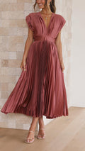 Women's Woven Maxi Dress with Pleated Skirt and Back Tie