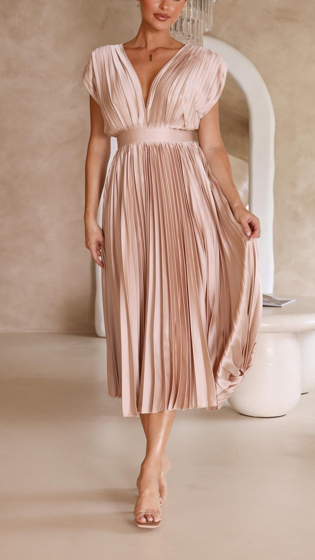 Women's Woven Maxi Dress with Pleated Skirt and Back Tie