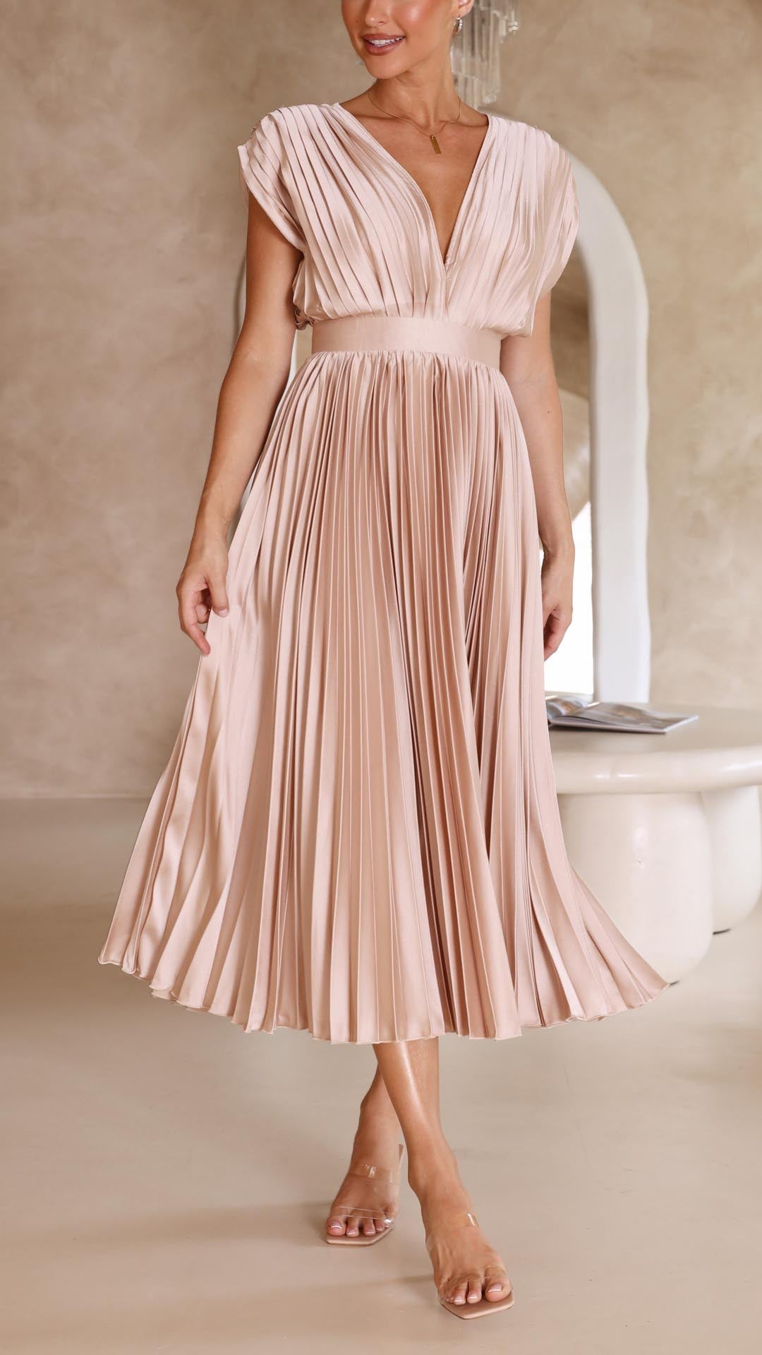 Women's Woven Maxi Dress with Pleated Skirt and Back Tie