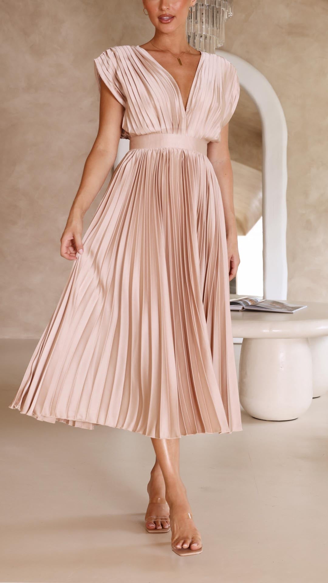 Women's Woven Maxi Dress with Pleated Skirt and Back Tie