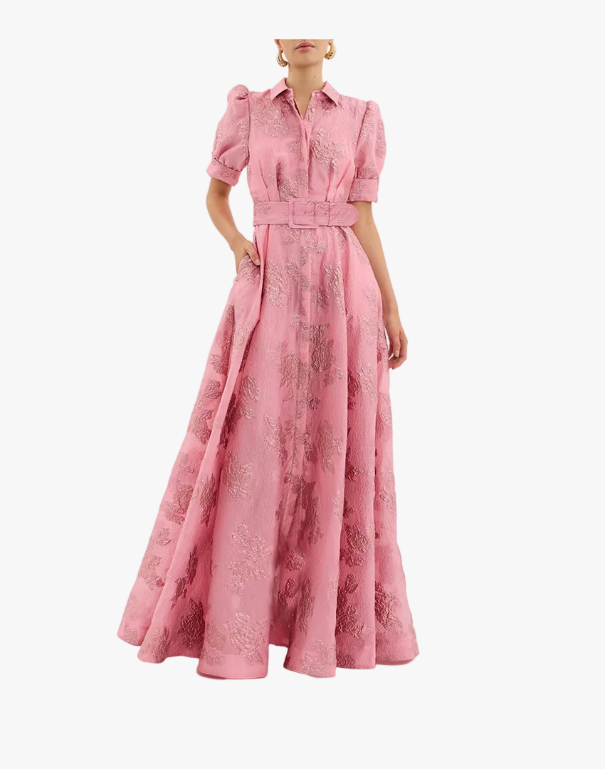 Women's Woven Maxi Dress with Puff Sleeves and Button Front