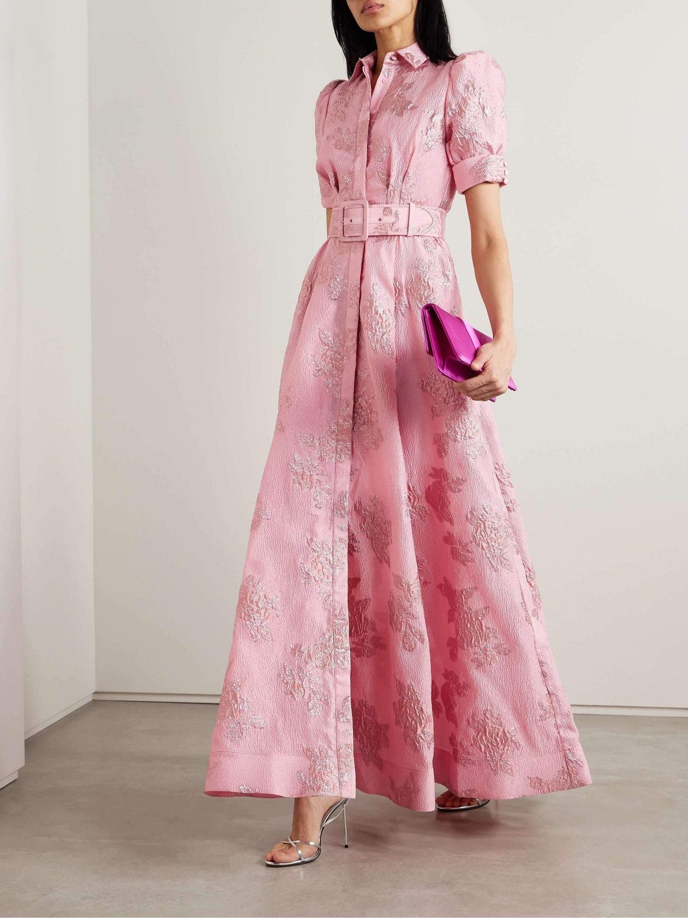 Women's Woven Maxi Dress with Puff Sleeves and Button Front