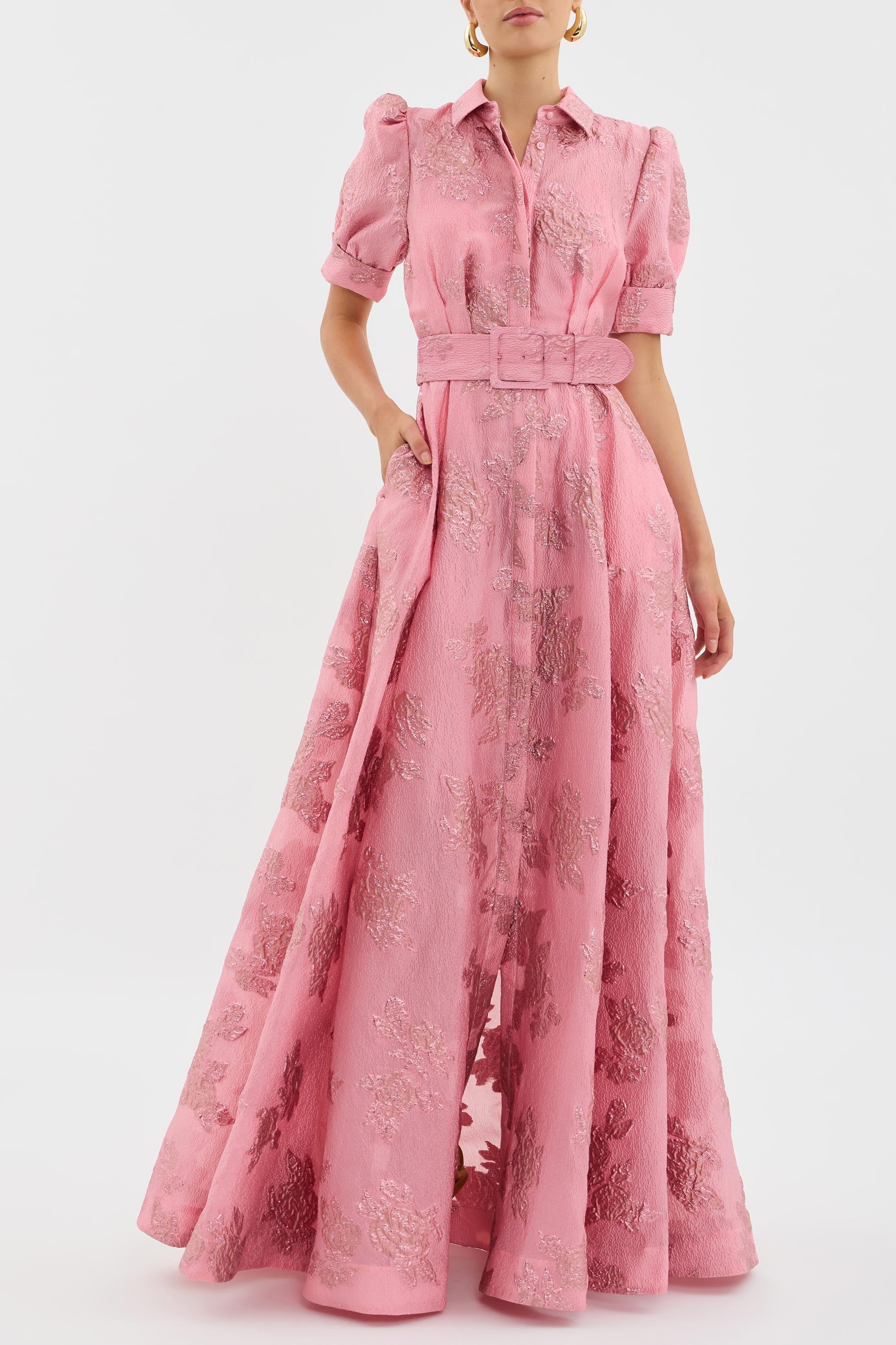 Women's Woven Maxi Dress with Puff Sleeves and Button Front