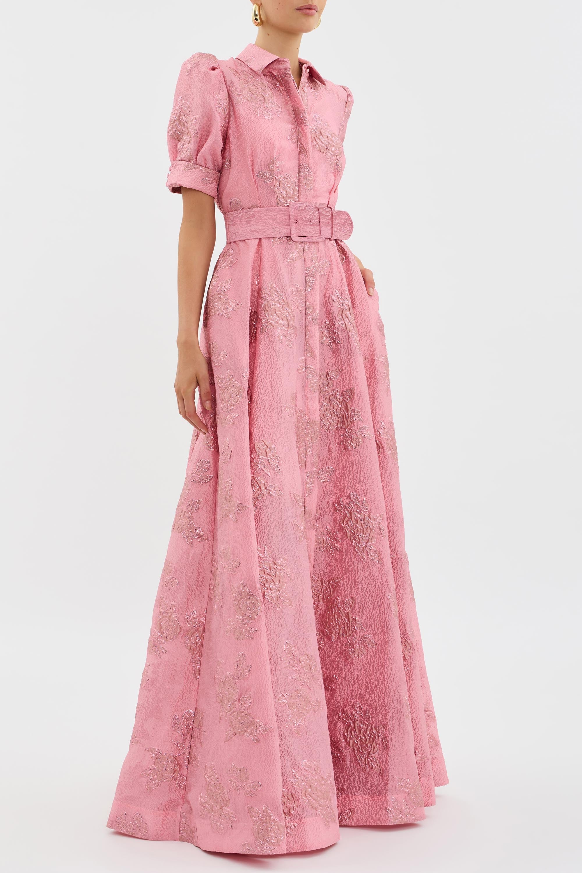 Women's Woven Maxi Dress with Puff Sleeves and Button Front