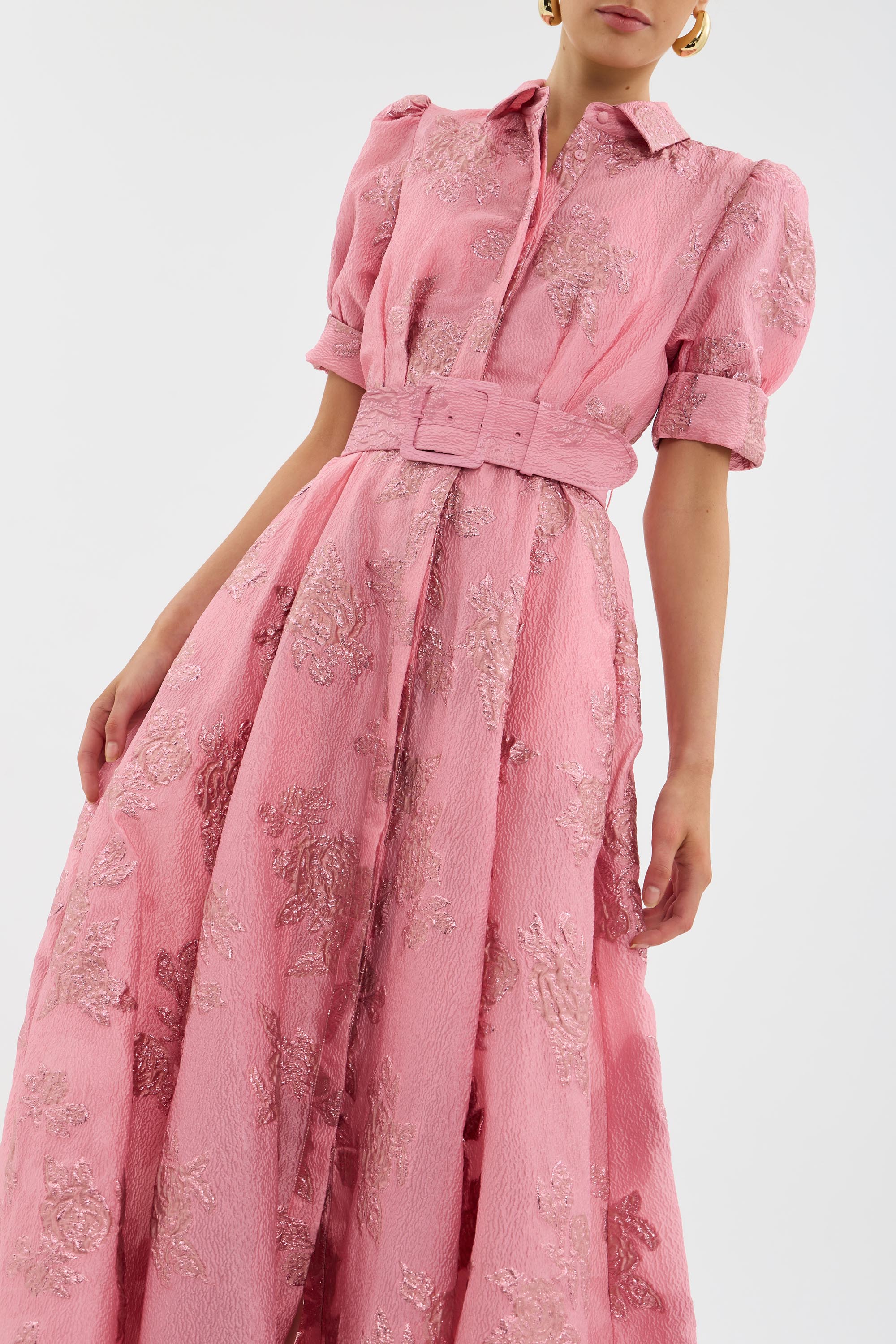 Women's Woven Maxi Dress with Puff Sleeves and Button Front