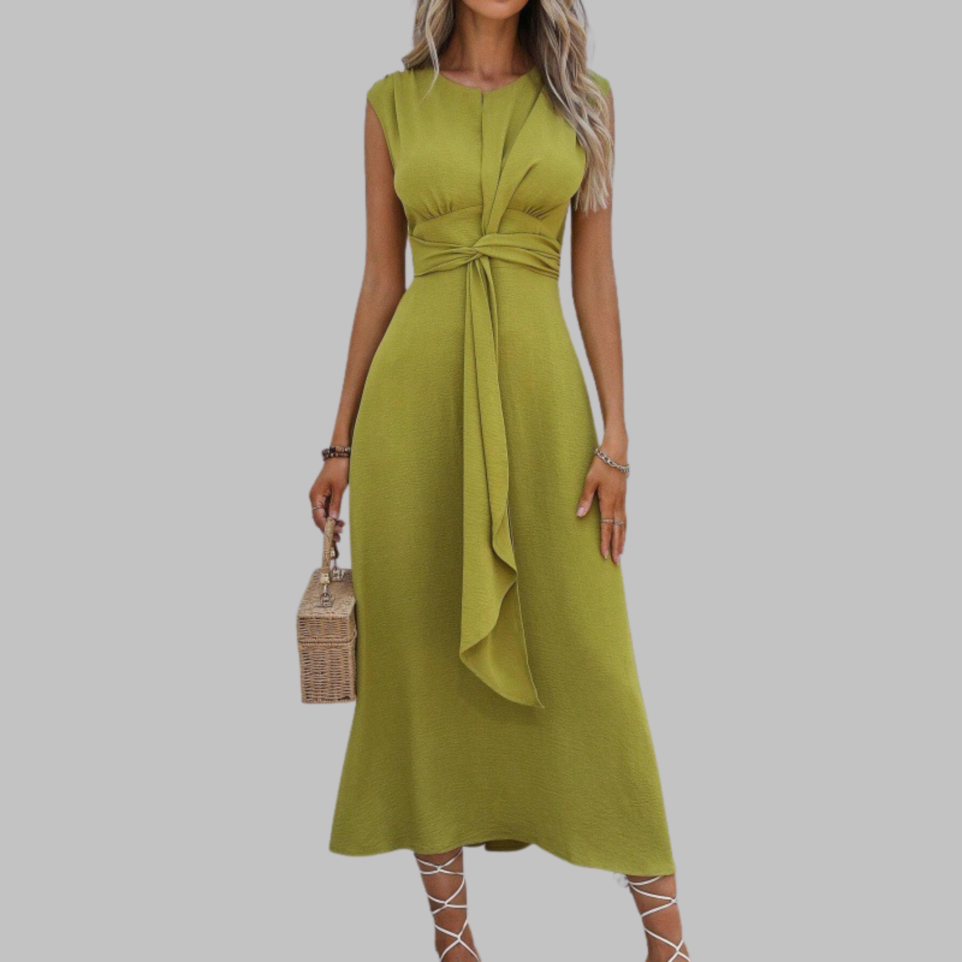 Women's Woven Maxi Dress with Round Neck and Waist Tie