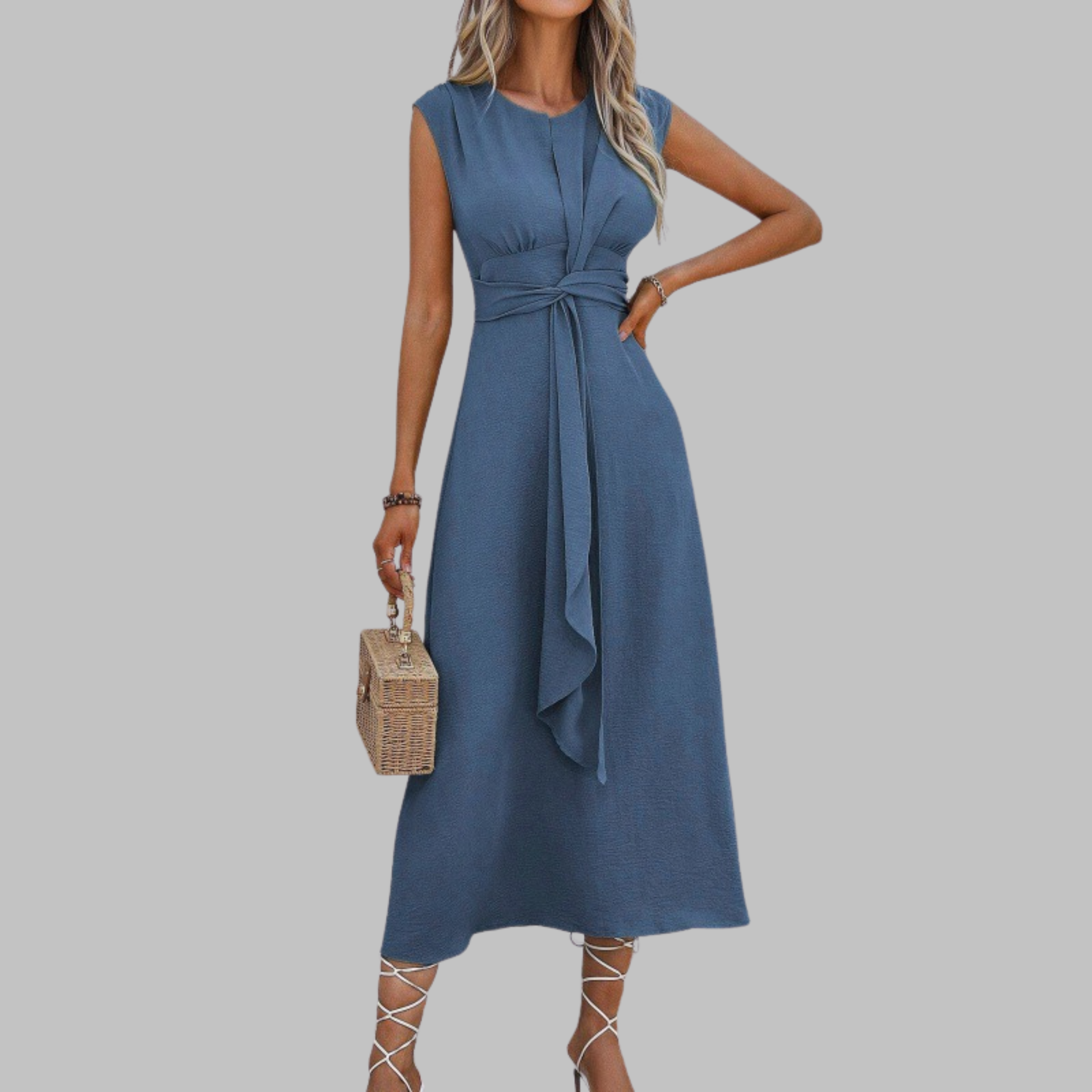 Women's Woven Maxi Dress with Round Neck and Waist Tie