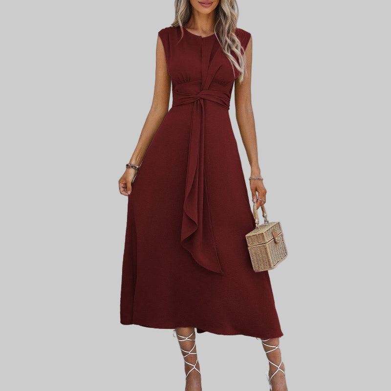 Women's Woven Maxi Dress with Round Neck and Waist Tie