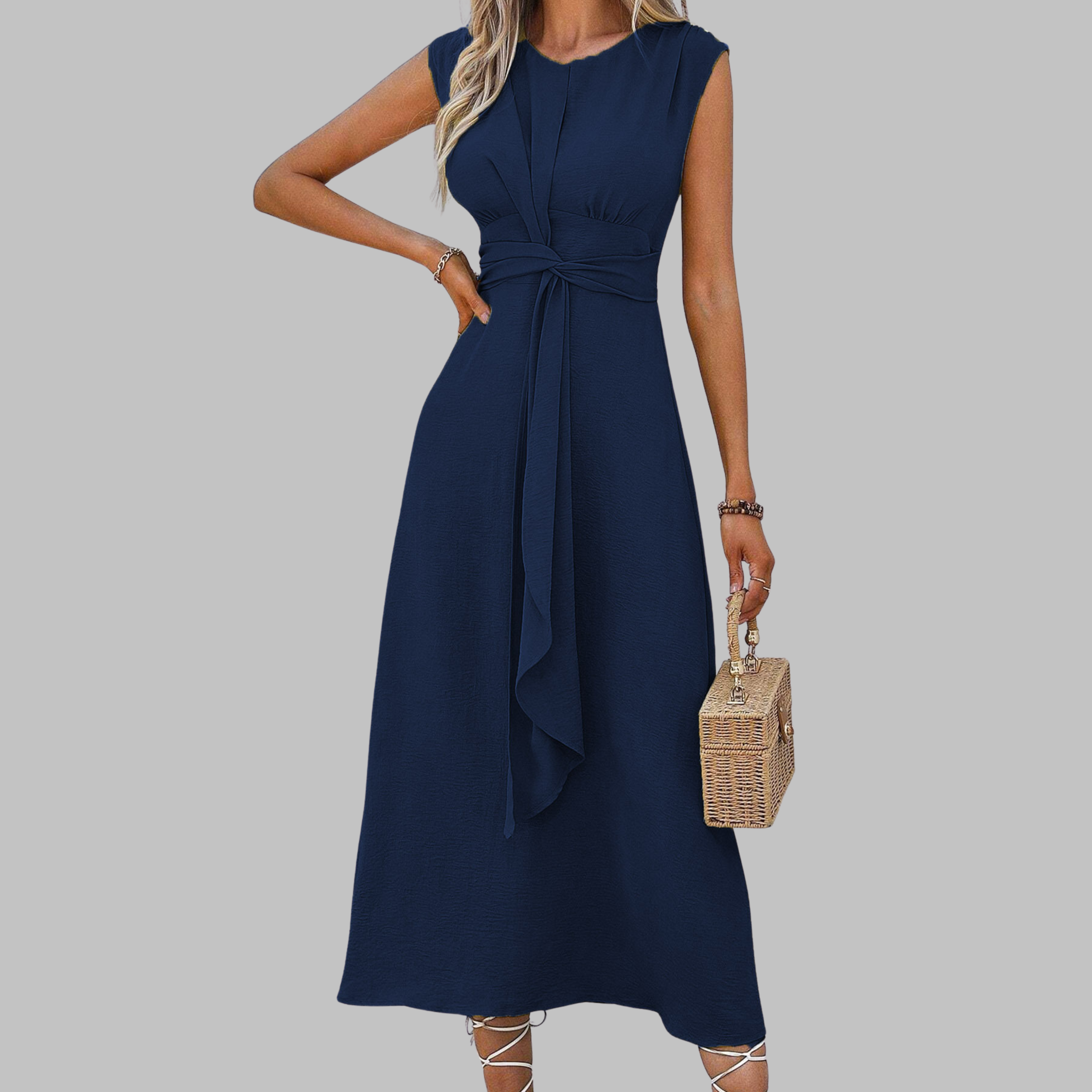 Women's Woven Maxi Dress with Round Neck and Waist Tie