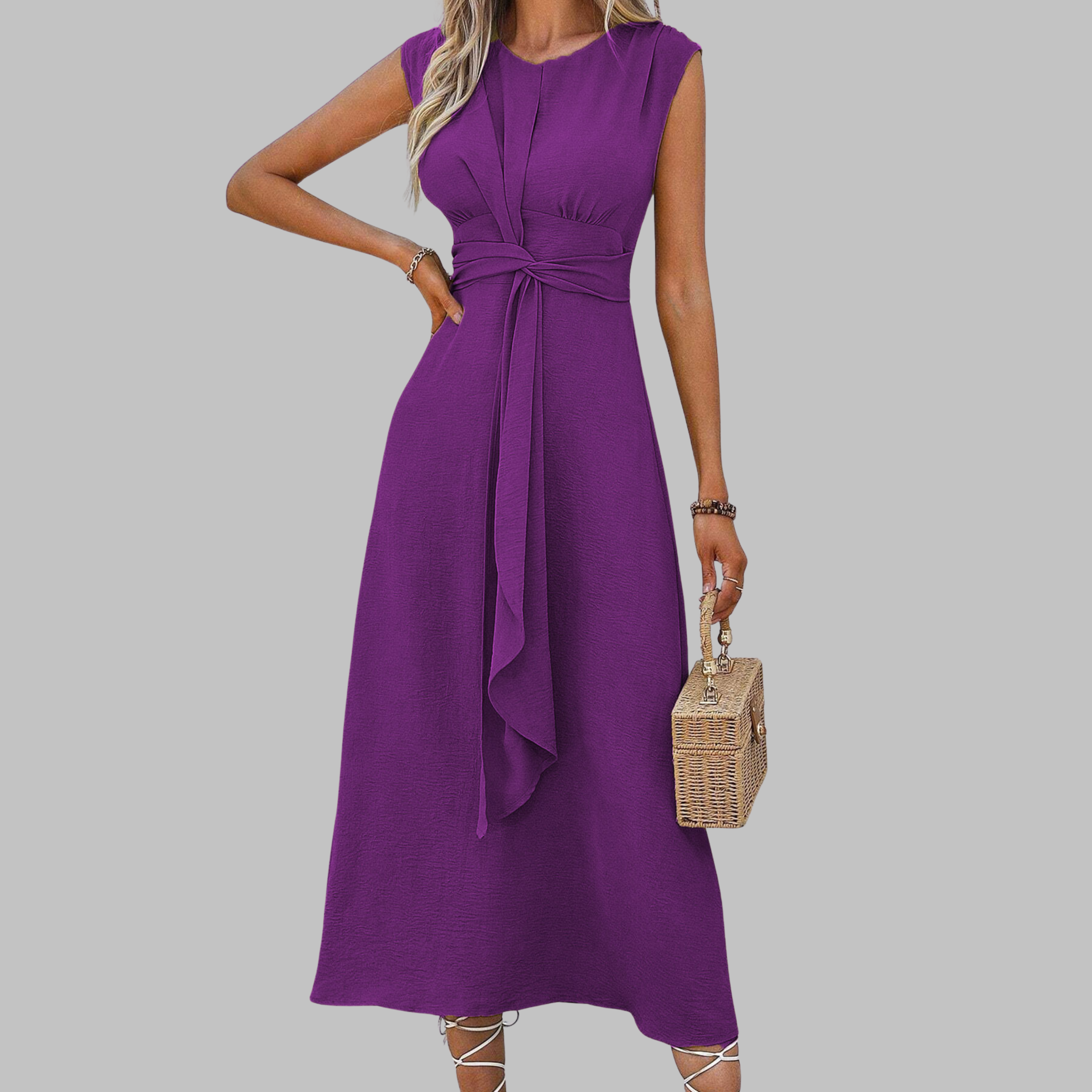 Women's Woven Maxi Dress with Round Neck and Waist Tie