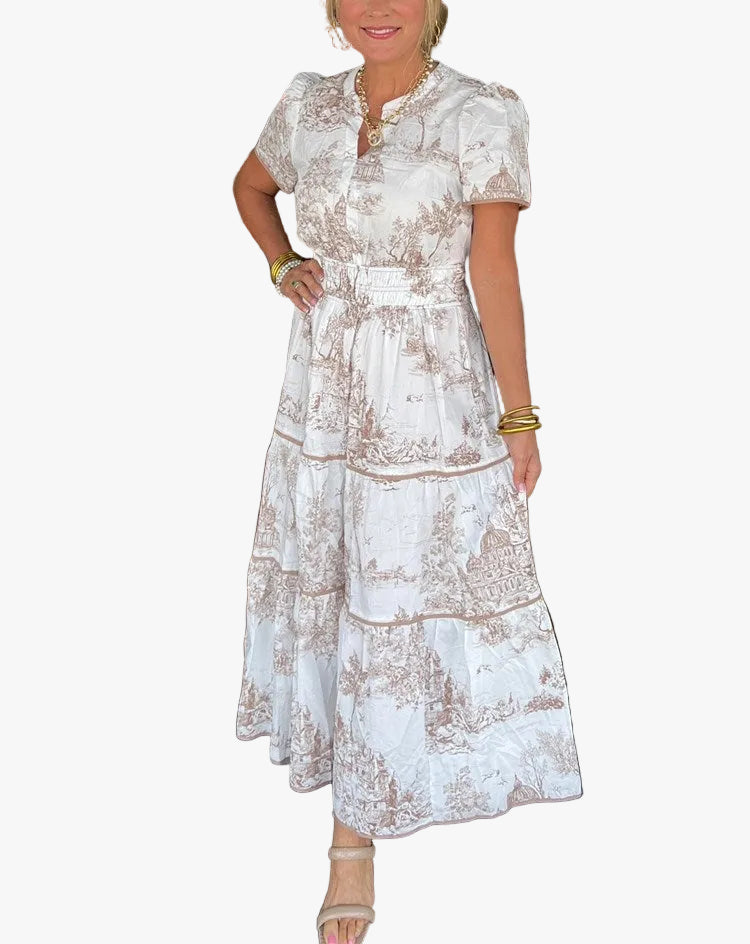 Women's Woven Maxi Dress with Scenic Print and Smocked Waist