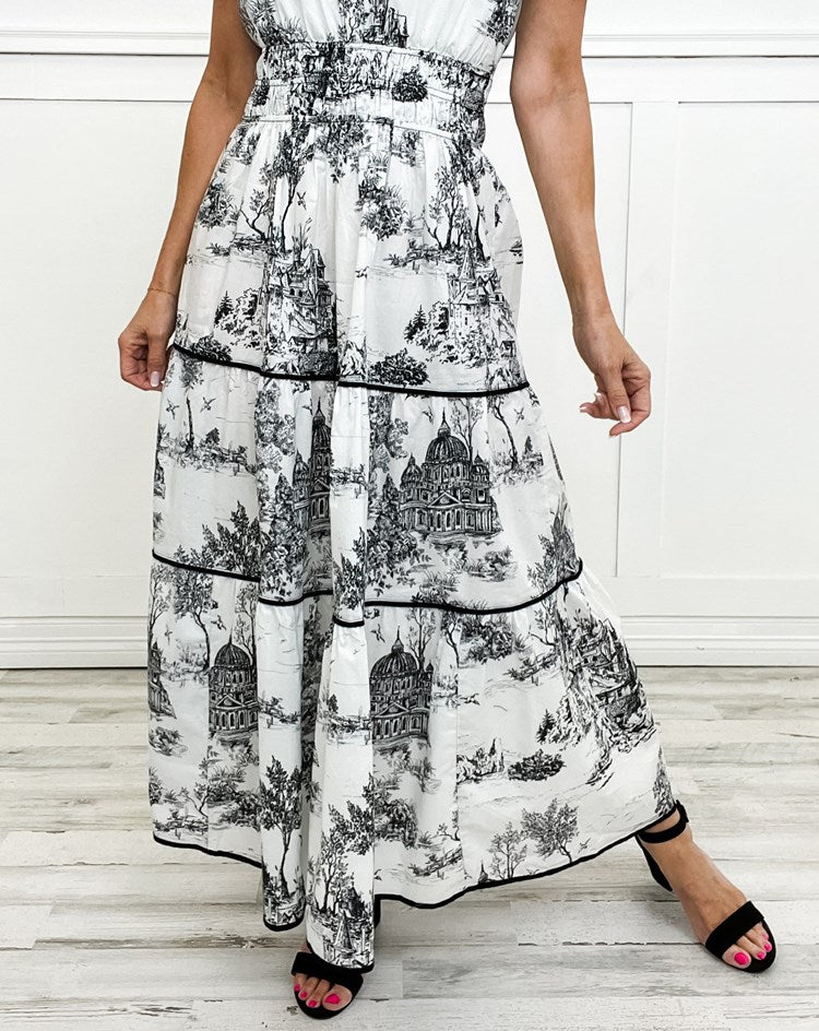 Women's Woven Maxi Dress with Scenic Print and Smocked Waist