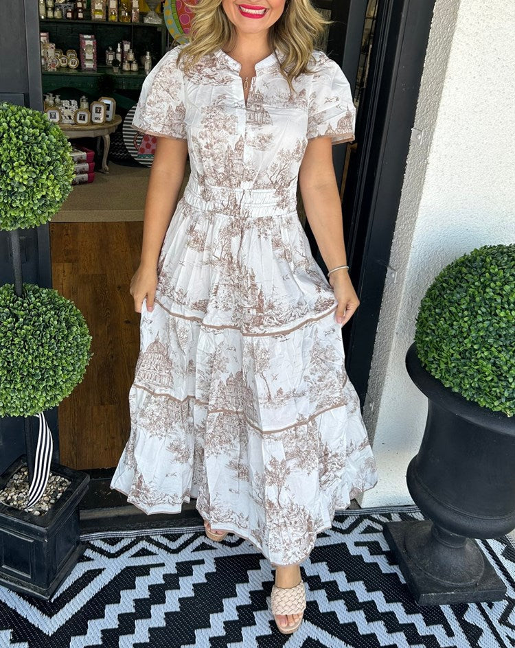 Women's Woven Maxi Dress with Scenic Print and Smocked Waist