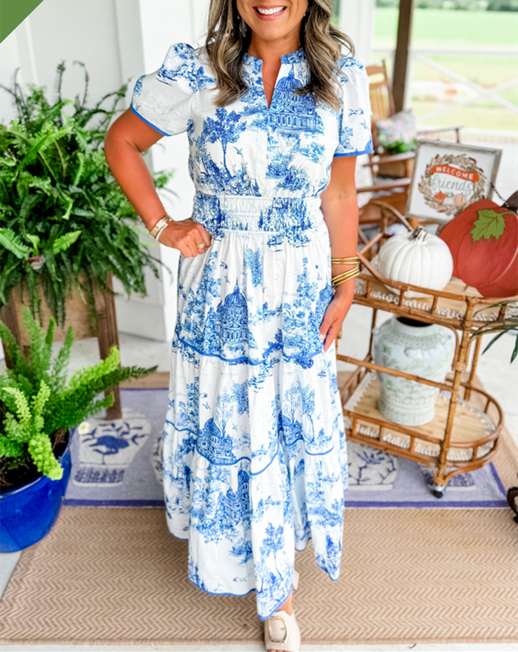 Women's Woven Maxi Dress with Scenic Print and Smocked Waist