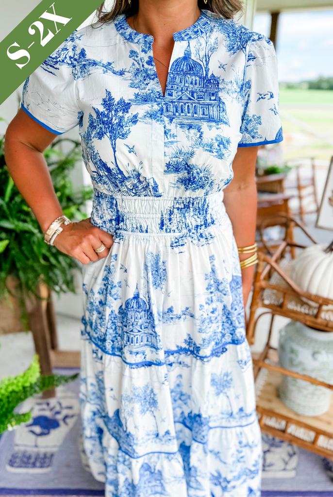 Women's Woven Maxi Dress with Scenic Print and Smocked Waist