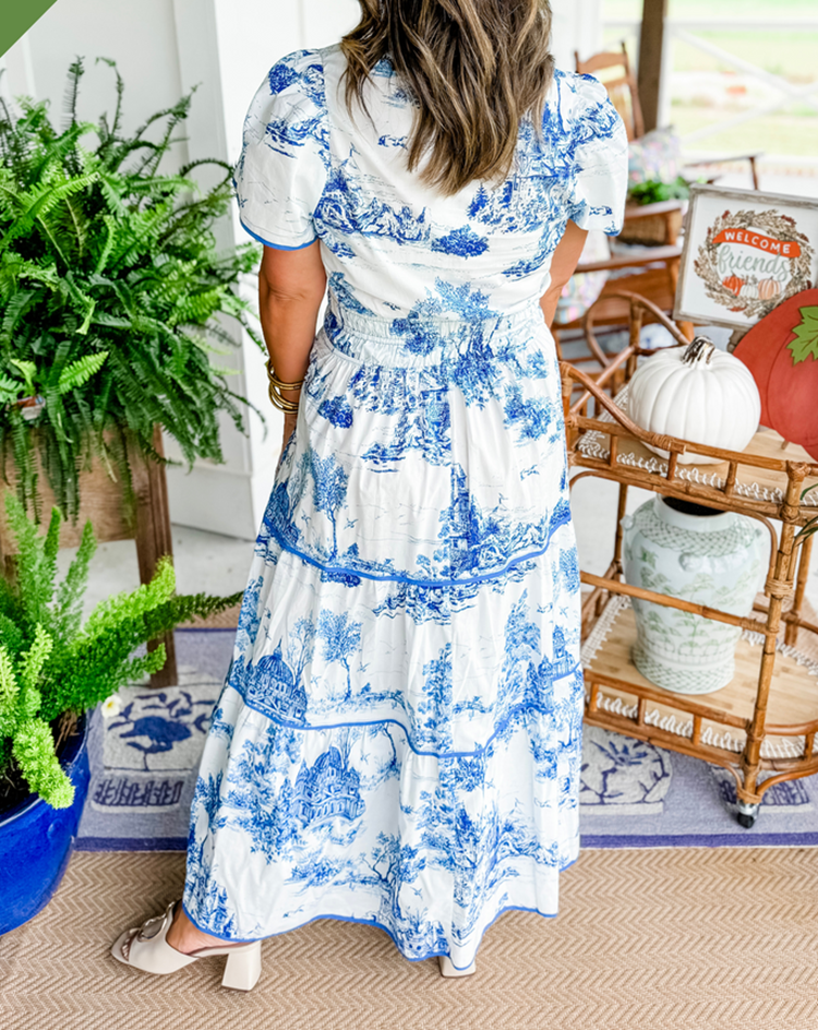 Women's Woven Maxi Dress with Scenic Print and Smocked Waist