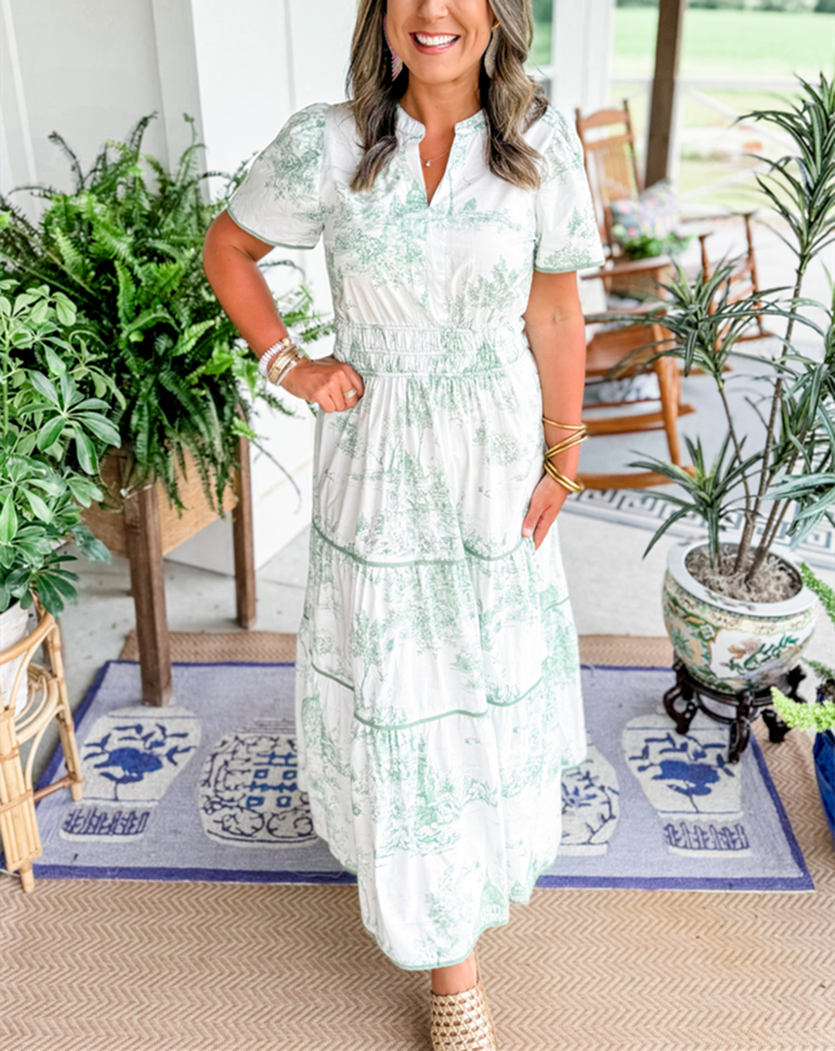 Women's Woven Maxi Dress with Scenic Print and Smocked Waist