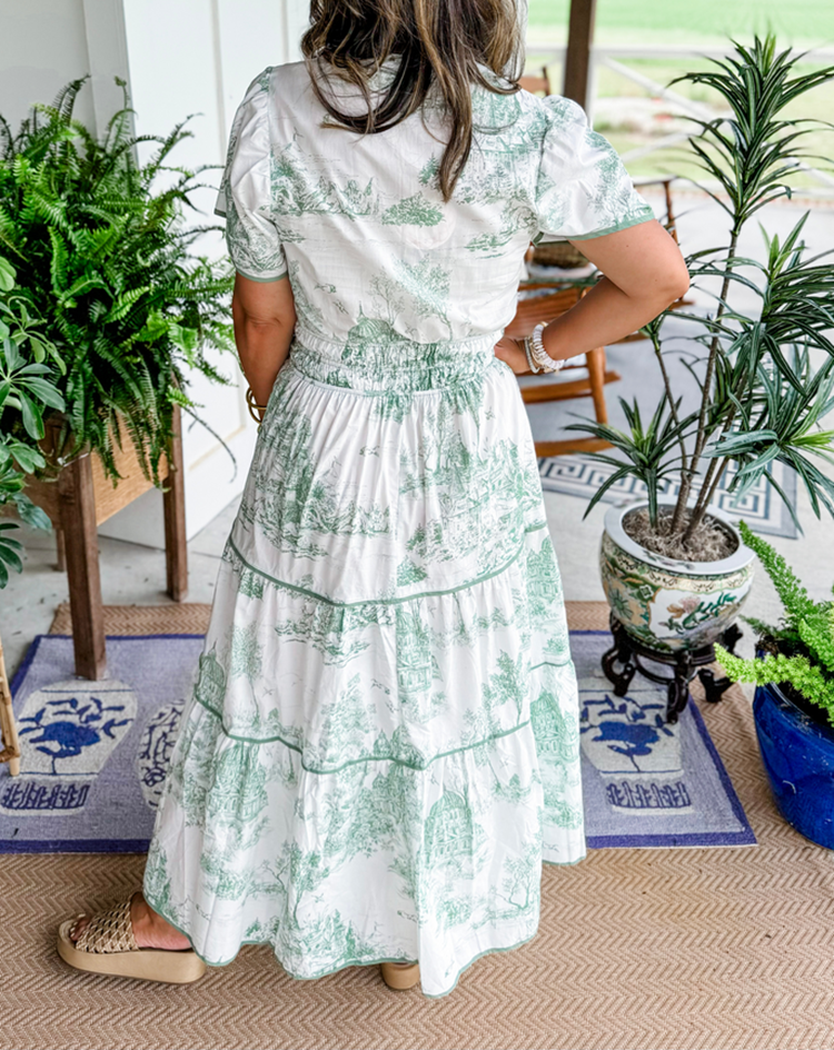Women's Woven Maxi Dress with Scenic Print and Smocked Waist