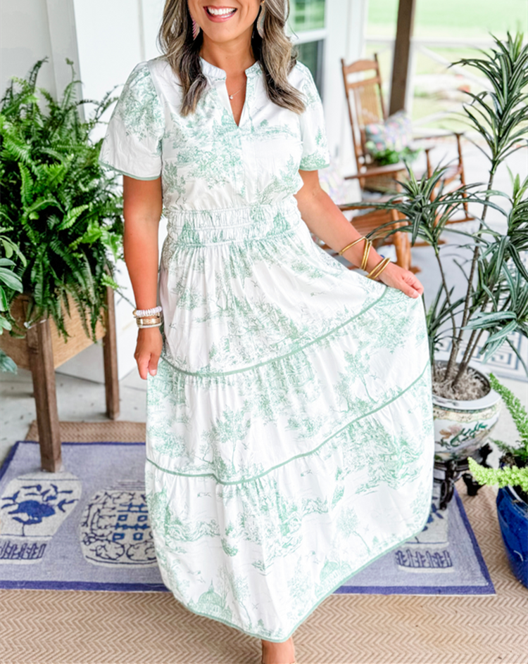 Women's Woven Maxi Dress with Scenic Print and Smocked Waist