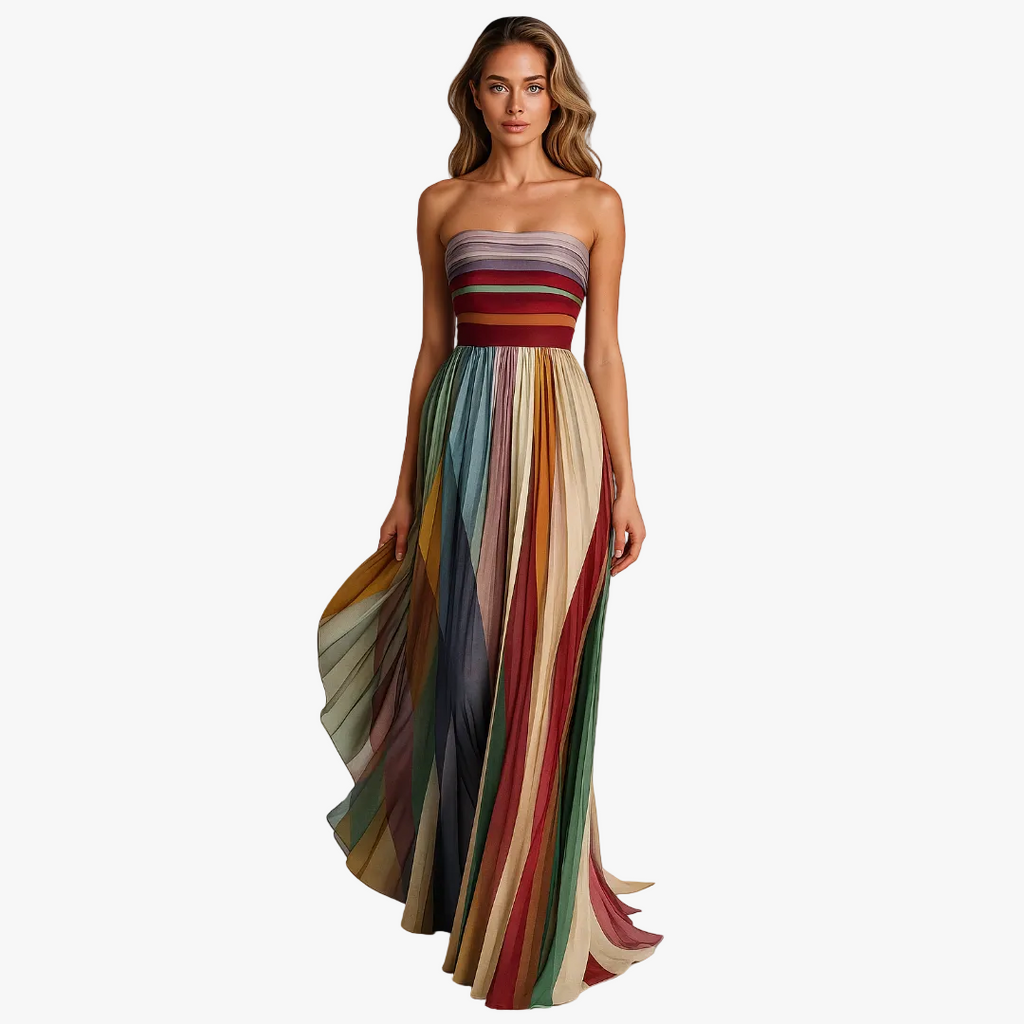 Women's Woven Maxi Dress with Strapless Bodice and Pleated Skirt