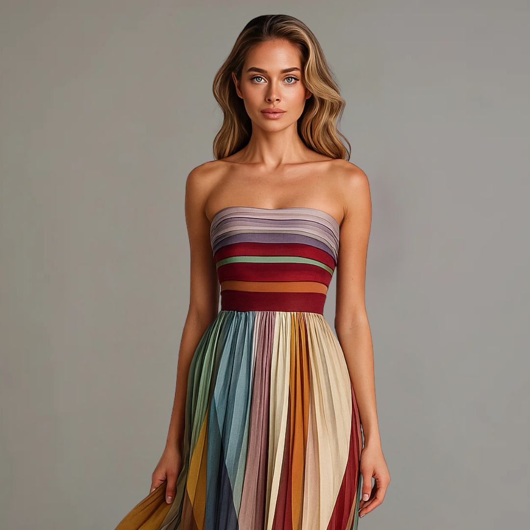 Women's Woven Maxi Dress with Strapless Bodice and Pleated Skirt