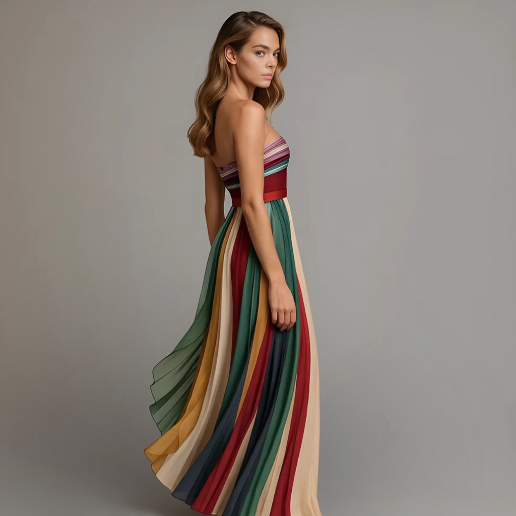 Women's Woven Maxi Dress with Strapless Bodice and Pleated Skirt