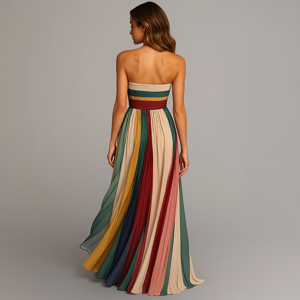 Women's Woven Maxi Dress with Strapless Bodice and Pleated Skirt