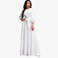 Women's Woven Maxi Dress with Tie Belt and Gathered Cuffs