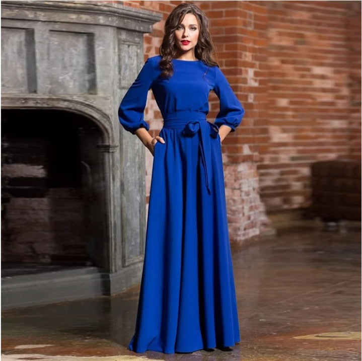 Women's Woven Maxi Dress with Tie Belt and Gathered Cuffs