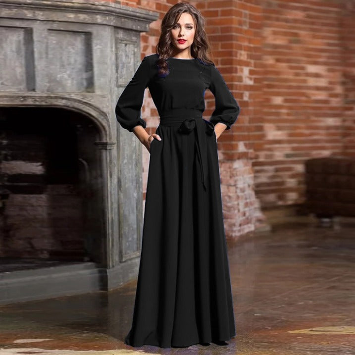 Women's Woven Maxi Dress with Tie Belt and Gathered Cuffs