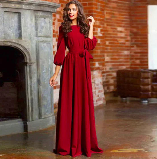 Women's Woven Maxi Dress with Tie Belt and Gathered Cuffs