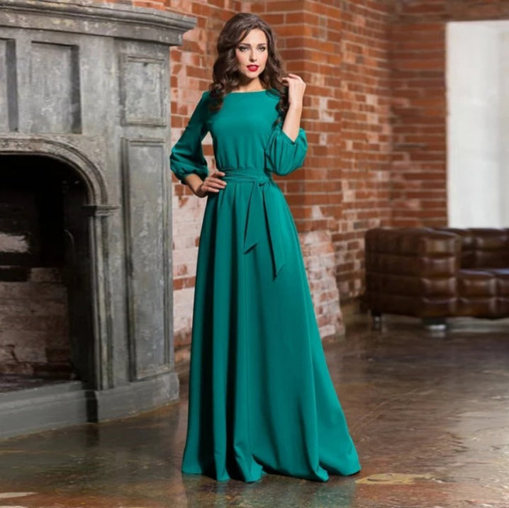 Women's Woven Maxi Dress with Tie Belt and Gathered Cuffs